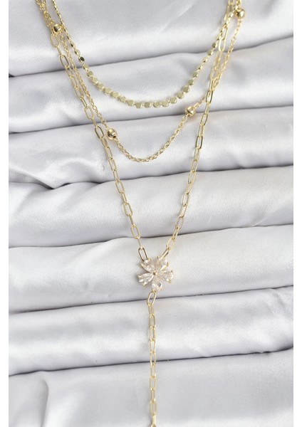 Pirinç Gold Renk Zirkon Taşlı Çiçek Model Detaylı 3'lü Kombin Y Kadın Kolye - TJ-BKO10697