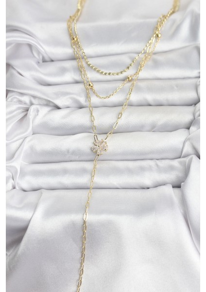 Pirinç Gold Renk Zirkon Taşlı Çiçek Model Detaylı 3'lü Kombin Y Kadın Kolye - TJ-BKO10697 fiyatları