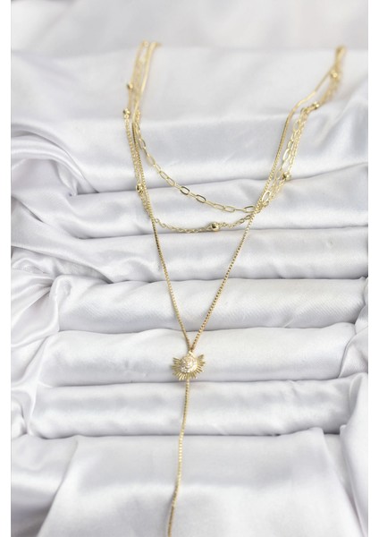 Pirinç Gold Renk Zirkon Taşlı Güneş Model Detaylı 3'lü Kombin Y Kadın Kolye - TJ-BKO10698 fiyatları