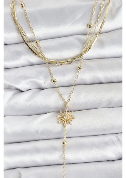 Pirinç Gold Renk Zirkon Taşlı Model Detaylı 3'lü Kombin Y Kadın Kolye - TJ-BKO10700