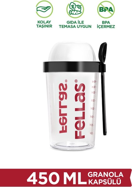 Granola Kapsülü - Sağlıklı ve Pratik Taşınabilir Gıda Saklama Kabı, 450ml, Şeffaf Siyah Kapaklı, Çift Hazneli