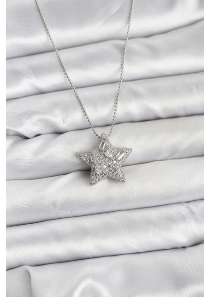316L Çelik Zincir Gümüş Renk Zincirli Gümüş Yıldız Model Kadın Kolye - TJ-BKO10678