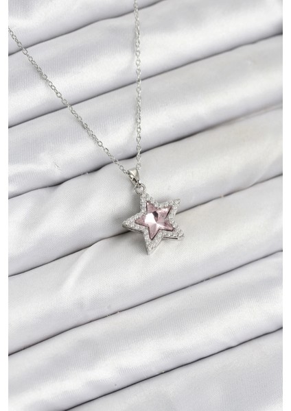 316L Çelik Zincir Gümüş Renk Pembe Taşlı Yıldız Model Kadın Kolye