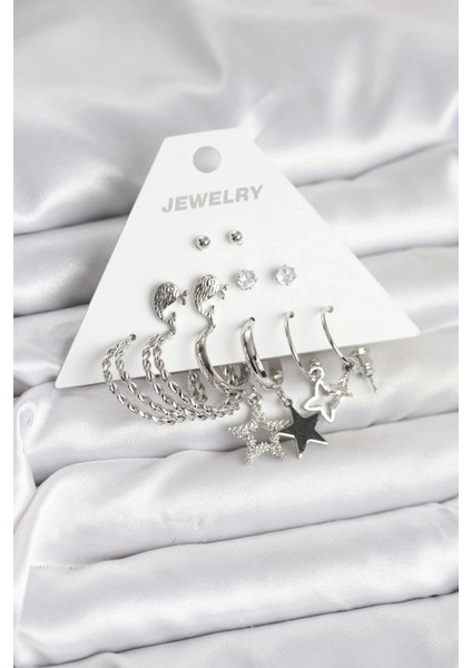 Pirinç Gümüş Renk 6'lı Kadın Küpe Seti