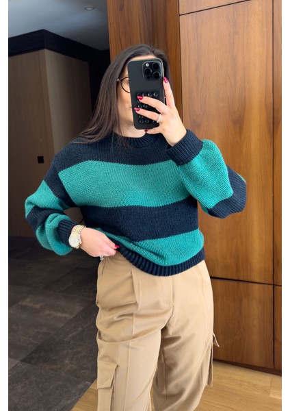 Orj Marka Çizgili Triko Kazak- Yeşil