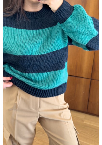 Orj Marka Çizgili Triko Kazak- Yeşil modelleri