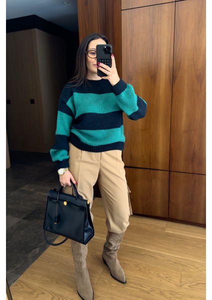 Orj Marka Çizgili Triko Kazak- Yeşil indirimleri