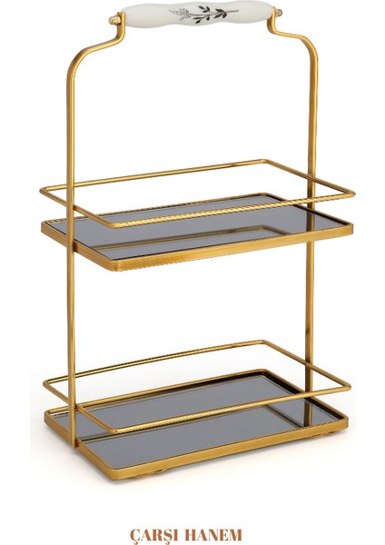 Çarşı Hanem Iki Katlı Gold Sunumluk Yuvarlak Kozmetik Düzenleyici Banyo Servis Sunum Nişan Tepsisi Çok Amaçlı