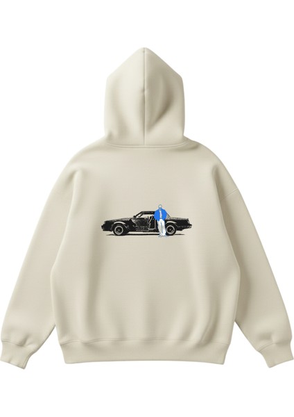 Araba Baskılı Unisex Boxy Fit Hoodie Sweatshirt