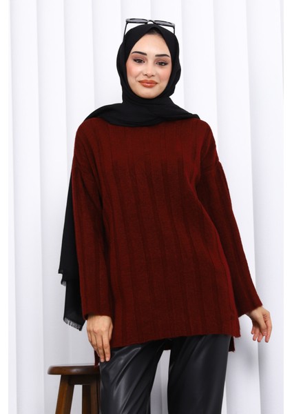 Bordo Yan Yırtmaçlı Fitilli Triko Tunik