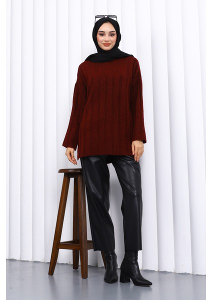 Bordo Yan Yırtmaçlı Fitilli Triko Tunik fiyatları