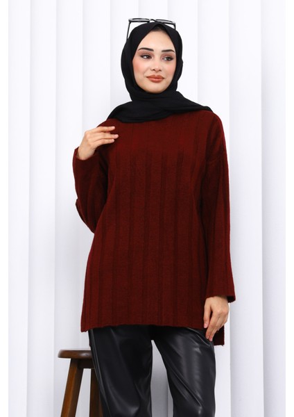 Bordo Yan Yırtmaçlı Fitilli Triko Tunik modelleri