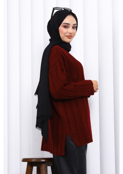Bordo Yan Yırtmaçlı Fitilli Triko Tunik fırsatları