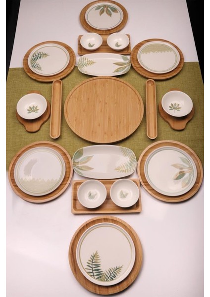 Sage 6 Kişilik 27 Parça Doğal Bambu Porselen Kahvaltı Takımı – Kahvaltı Seti Sunum Seti