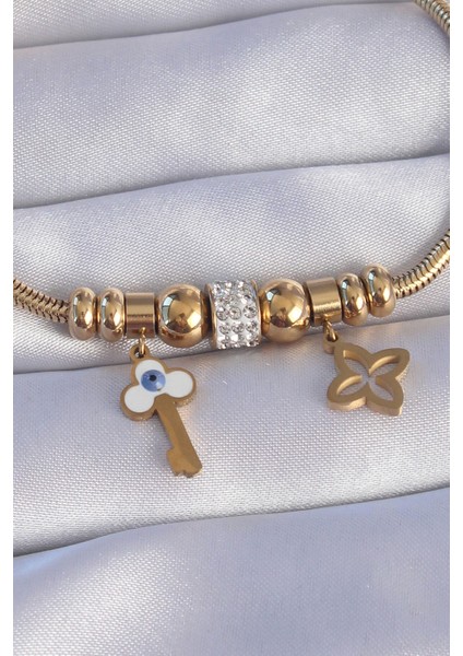 316L Çelik Gold Renk Zirkon Taşlı Yonca Detay Nazarlı Anahtar Tasarımlı Bileklik - TJ-BB6203 fırsatları