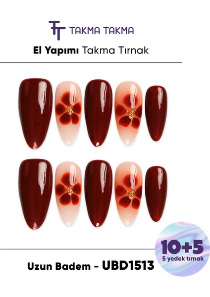 15'li Kahverengi Uzun Badem UBD1513 Tekrar Kullanılabilir El Yapımı Protez Takma Tırnak - Kahverengi-L