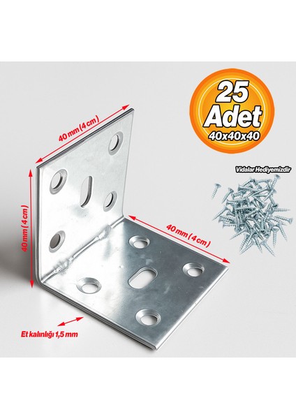 Metal L Demiri (25 Adet) Ince Gönye 40X40X40 mm Mobilya ve Duvar Sabitleme Bağlantı Aparatı