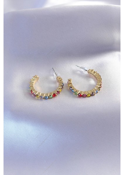 Gold Renk Yarım Halka Model Renkli Kristal Taşlı Kadın Küpe