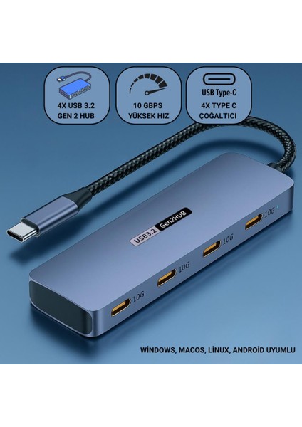 USB 3.2 Gen 2 Hub 10GBPS 4in1 Type-C Çoğaltıcı Adaptör Usb-C Çoğaltıcı Hub Örgü Kabo Tak Kullan