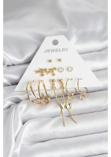 Pirinç Gold Renk 6 Çiftli Kadın Küpe Seti