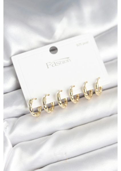 Pirinç Gold Renk Baklalı Halka 925 Gümüş Çivi Kadın Küpe Seti