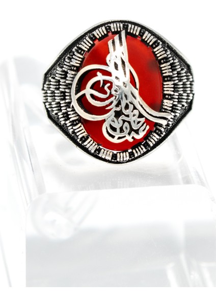 Tuğra Desenli Kırmızı Akik Taşlı 925 Ayar Gümüş Erkek Yüzük – Asaletin ve İnancın Simgesi