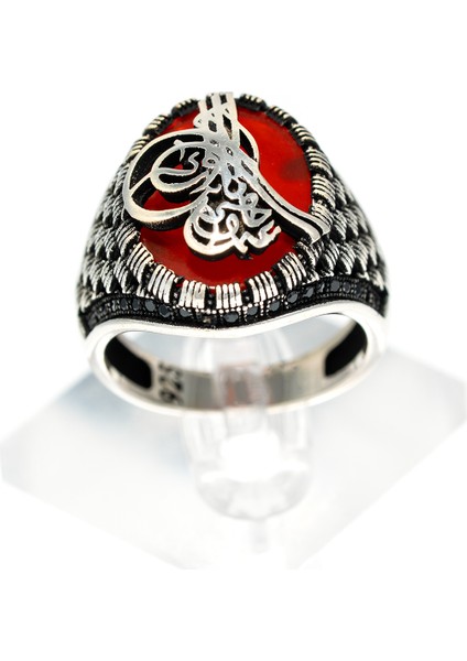 Tuğra Desenli Kırmızı Akik Taşlı 925 Ayar Gümüş Erkek Yüzük – Asaletin ve İnancın Simgesi fiyatları