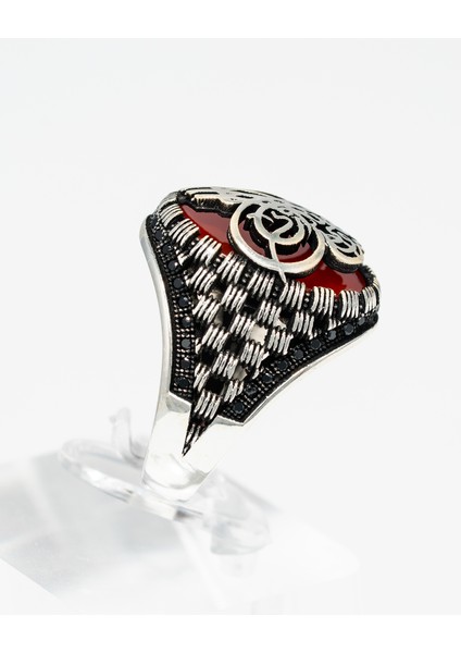 Tuğra Desenli Kırmızı Akik Taşlı 925 Ayar Gümüş Erkek Yüzük – Asaletin ve İnancın Simgesi modelleri