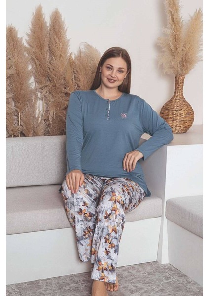 Kadın Çiçek Desen 3 Düğme Likralı Viskon Mevsimlik Büyük Beden Uzun Kol Pijama Takımı modelleri