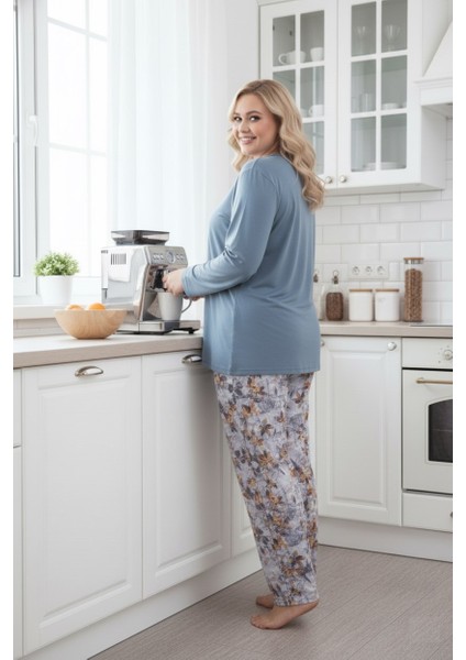 Kadın Çiçek Desen 3 Düğme Likralı Viskon Mevsimlik Büyük Beden Uzun Kol Pijama Takımı fırsatları