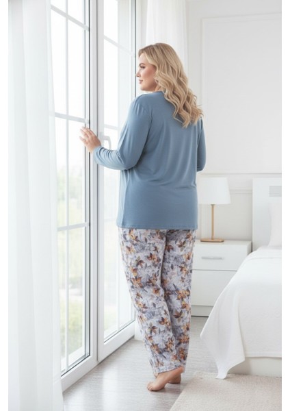 Kadın Çiçek Desen 3 Düğme Likralı Viskon Mevsimlik Büyük Beden Uzun Kol Pijama Takımı indirimleri