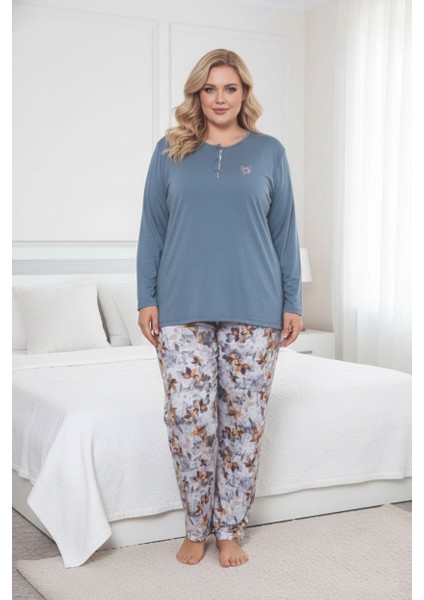 Kadın Çiçek Desen 3 Düğme Likralı Viskon Mevsimlik Büyük Beden Uzun Kol Pijama Takımı