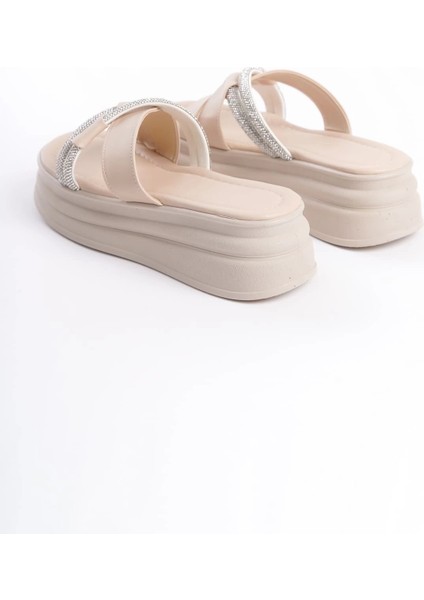 Ruby Düz Topuklu Taşlı Çapraz Şeritli Kalın ve Ortopedik Taban Kadın Terlik Ckt - Krem indirimleri