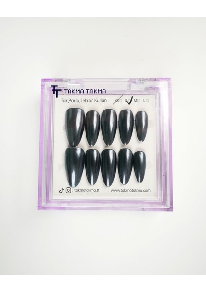 15'li Siyah Uzun Badem UBD1505 Tekrar Kullanılabilir El Yapımı Protez Takma Tırnak - Gümüş-M fiyatları