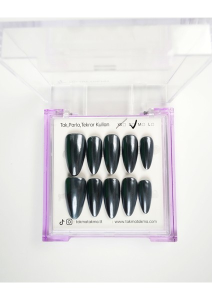 15'li Siyah Uzun Badem UBD1505 Tekrar Kullanılabilir El Yapımı Protez Takma Tırnak - Gümüş-M modelleri
