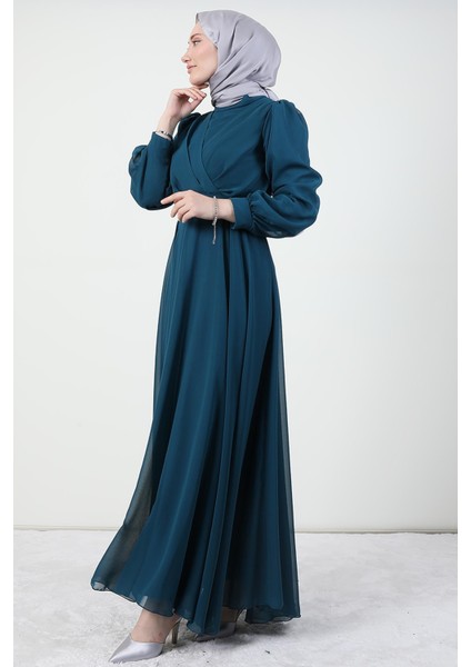 Önü Çapraz Şifon Elbise Petrol