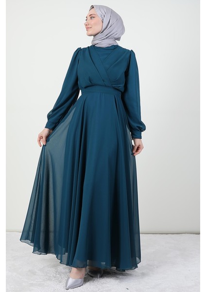 Önü Çapraz Şifon Elbise Petrol modelleri