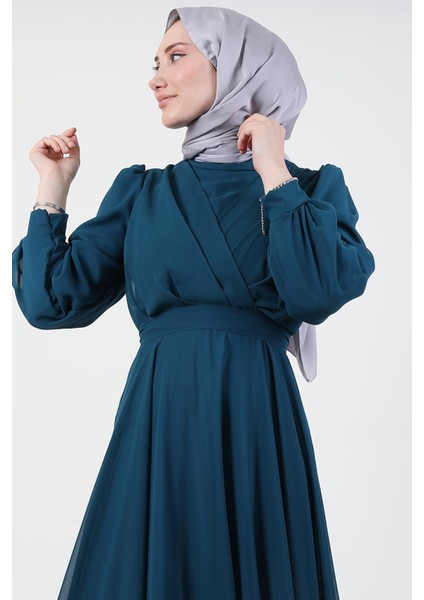 Önü Çapraz Şifon Elbise Petrol indirimleri