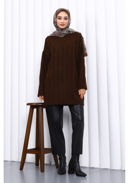 Kahverengi Yan Yırtmaçlı Fitilli Triko Tunik fiyatları