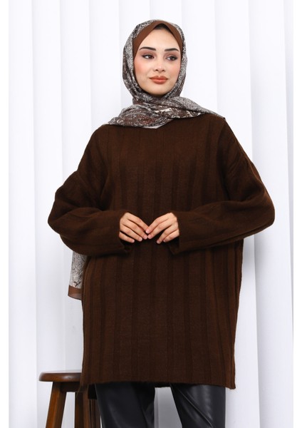 Kahverengi Yan Yırtmaçlı Fitilli Triko Tunik modelleri