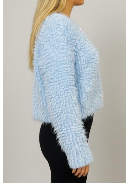 Kadın Mavi Düğmeli Hırka – Yumuşak Tüylü Dokulu Sıcak Triko Hırka fiyatları