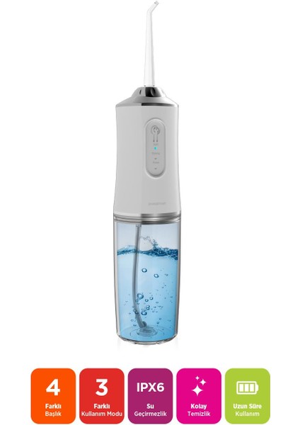 PBS702 Şarjlı Ağız Duşu 3 Modlu 4 Yedek Başlık Ipx6 Su Geçirmez Type-C Şarjlı Beyaz fiyatları