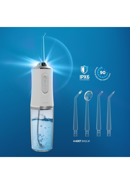 PBS702 Şarjlı Ağız Duşu 3 Modlu 4 Yedek Başlık Ipx6 Su Geçirmez Type-C Şarjlı Beyaz fırsatları