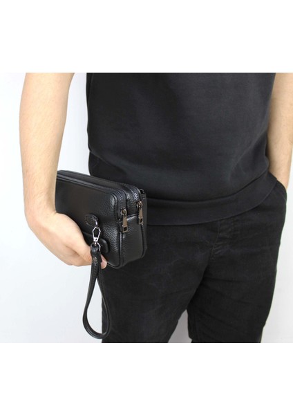 Erkek Siyah El Çantası Bileklik Kemerli Portföy Çanta El Çantası