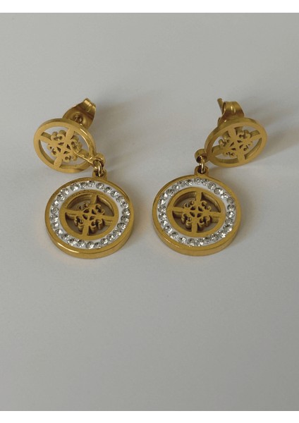 Ortası Çiçekli ve Küçük Taşlı Sallantılı Gold Küpe