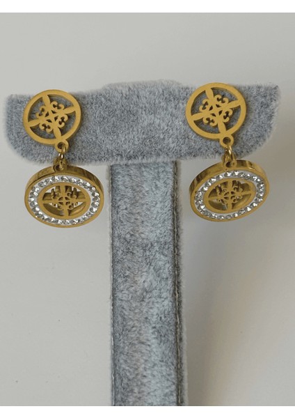 Ortası Çiçekli ve Küçük Taşlı Sallantılı Gold Küpe modelleri