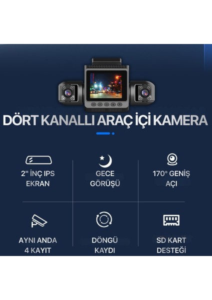 4 Kanallı Araç Içi Kamera | 4 Kamera Aynı Anda Kayıt | 360° Kayıt Açısı | Gece Görüşü, 2" IPS Ekran modelleri