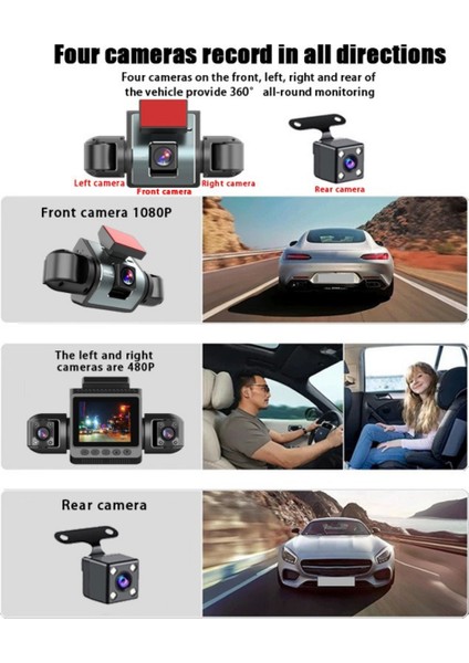 4 Kanallı Araç Içi Kamera | 4 Kamera Aynı Anda Kayıt | 360° Kayıt Açısı | Gece Görüşü, 2" IPS Ekran
