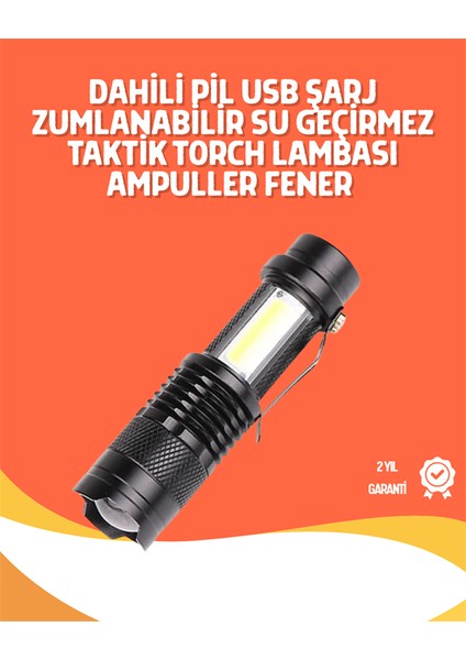 Şarjlı LED El Feneri - 14500 Pil Dahil 4 Işık Modu Mini Boy - MCT9102-9054