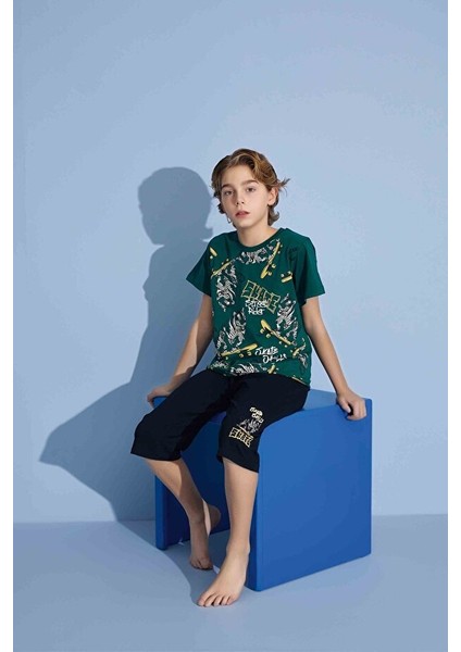 Erkek Çocuk Kaplan T-Shirt Bermuda Alt Penye Süprem Bisiklet Yaka Orta Kalın Pijama TAKIMI-3975 fiyatları